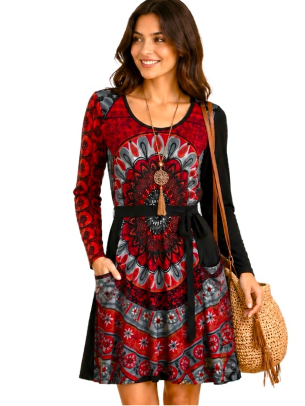 Desigual Mandala Red Black Print Long-Sleeve Dress with Pockets XL - Picture 2 of 10
